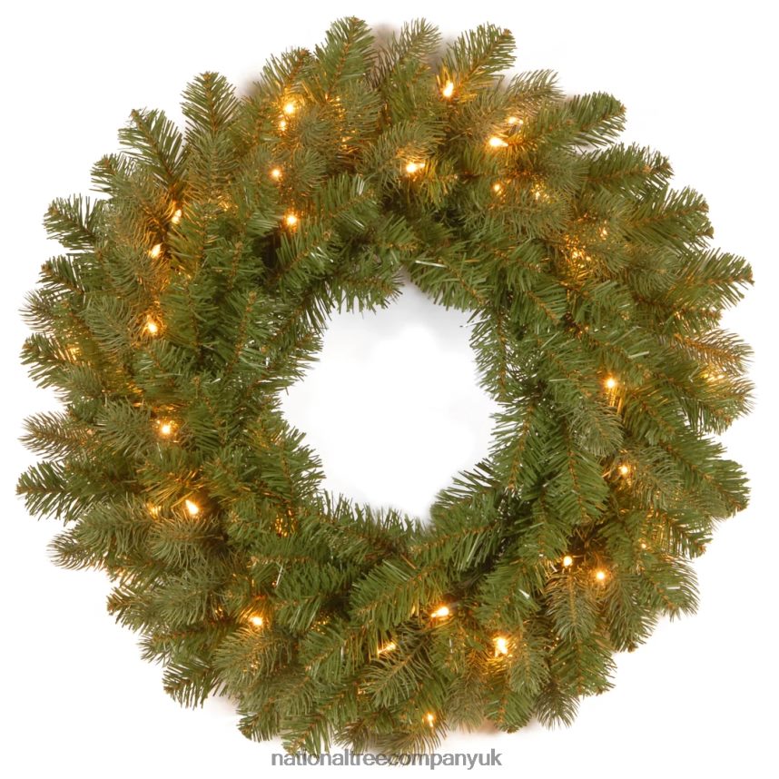 Greenery | National Tree Company Pre-Lit Artificial Christmas Wreath Green Downswept Douglas Fir White Lights Christmas Collection 24 Inches F2L4F256